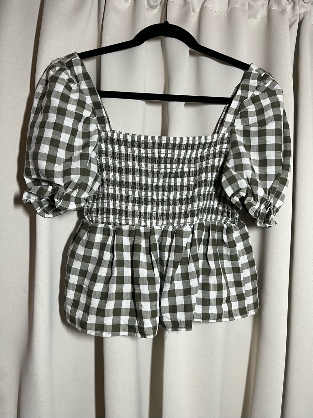 Olive Gingham Smocked Crop Top with Puff Sleeves
